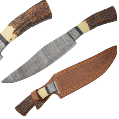 13.5 Inch Damascus Steel Survival Bowie Knife | Horn Handle