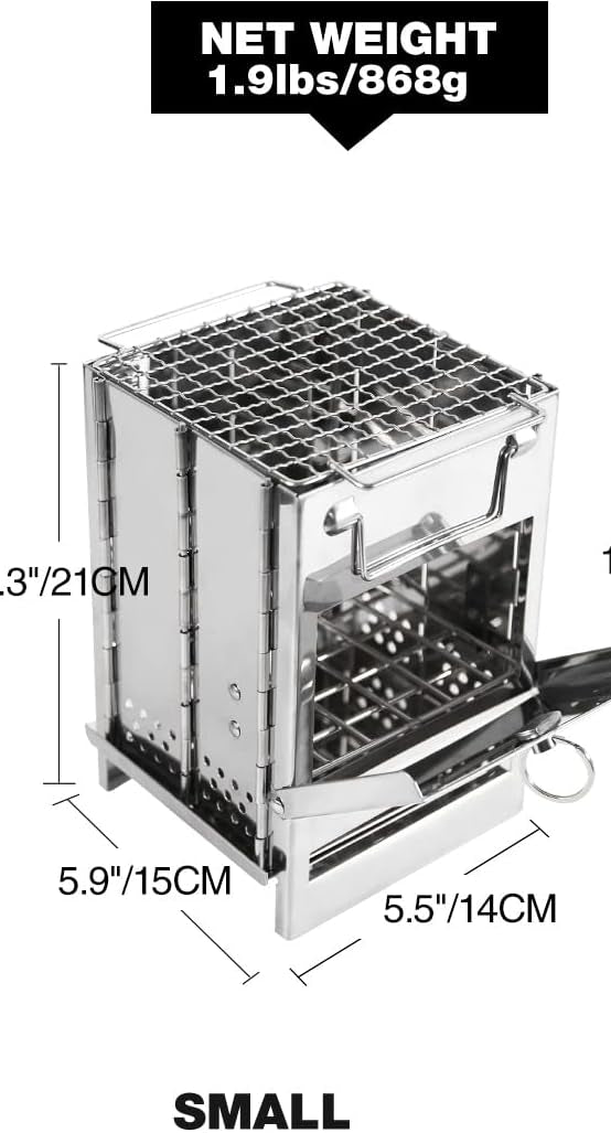 Wood Burning Folding Camp Stove Stainless Steel Grid, Portable Collapsible Backpacking Stove Survival Rocket Stove for Hiking Outdoor, Camping, Picnics and BBQs .
