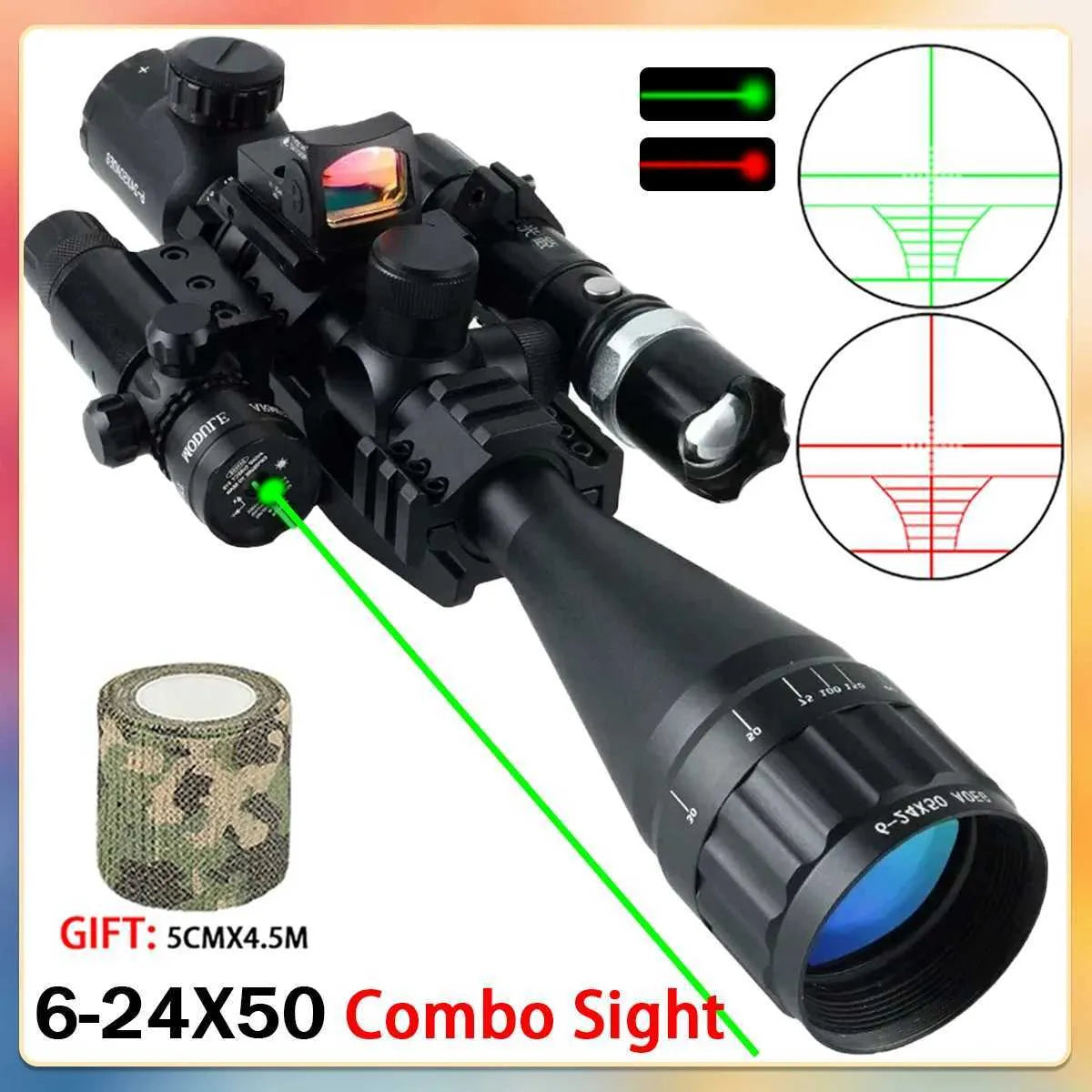 Tactical 6-24x50 AOEG Rifle Scope with Red & Green Dot Laser