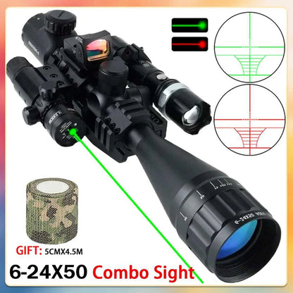Tactical 6-24x50 AOEG Rifle Scope with Red & Green Dot Laser