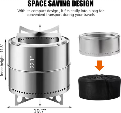 19" Smokeless Fire Pit with Stand – Stainless Steel Wood Burning Outdoor Fireplace for Backyard & Patio
