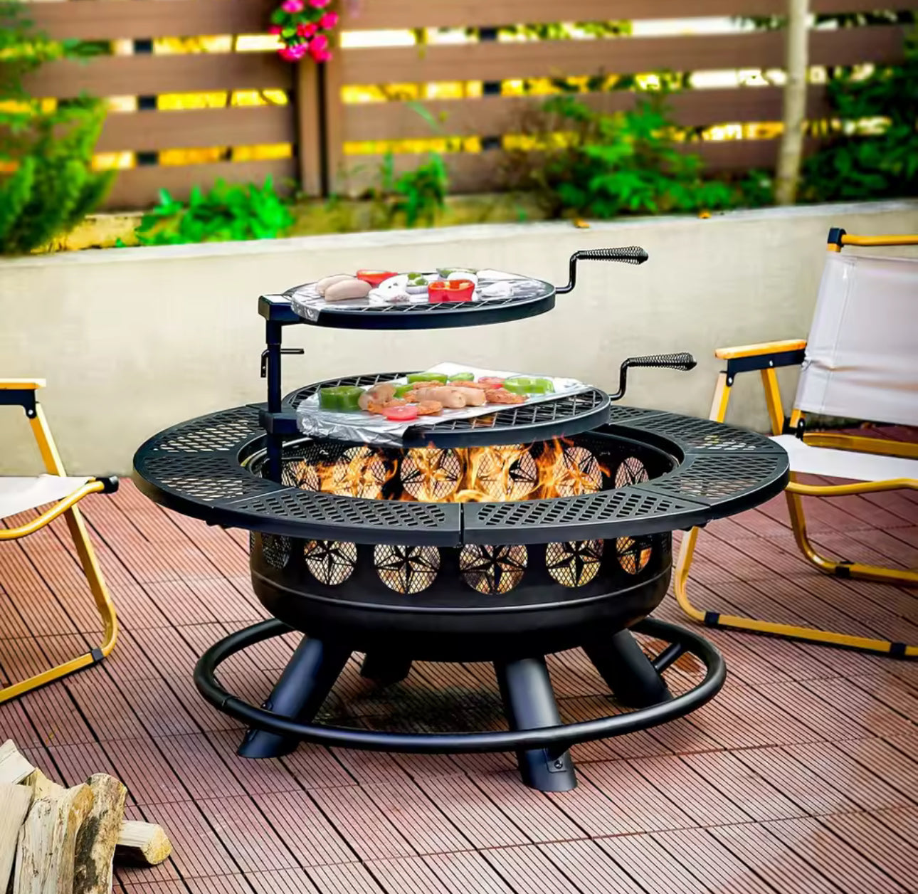 Verdeluxe 36-Inch 3-in-1 Outdoor Fire Pit with 2 Cooking Grills & Lid – Wood Burning Backyard Fireplace & BBQ Table