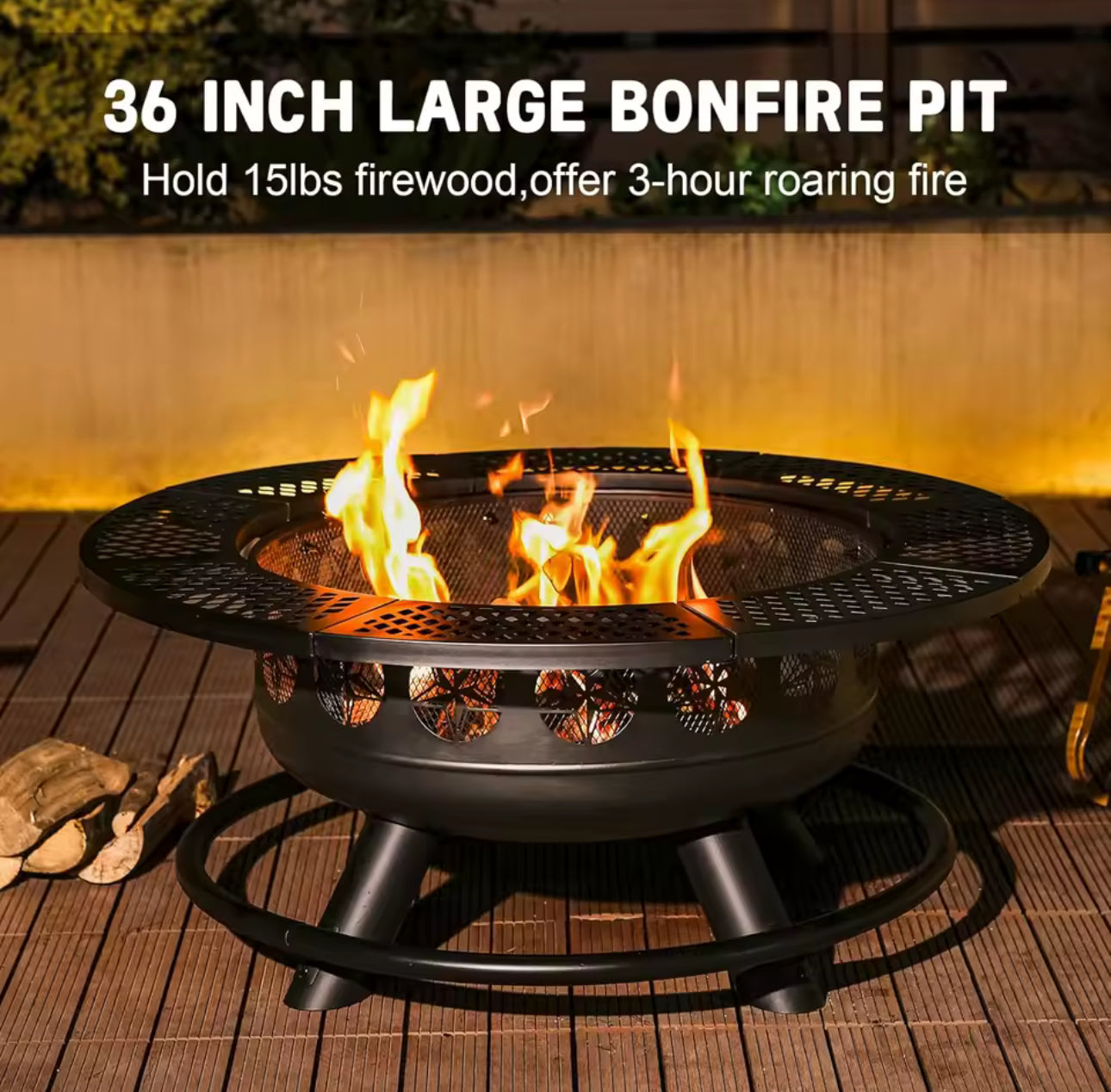 Verdeluxe 36-Inch 3-in-1 Outdoor Fire Pit with 2 Cooking Grills & Lid – Wood Burning Backyard Fireplace & BBQ Table