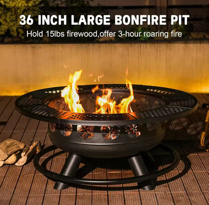 Verdeluxe 36-Inch 3-in-1 Outdoor Fire Pit with 2 Cooking Grills & Lid – Wood Burning Backyard Fireplace & BBQ Table