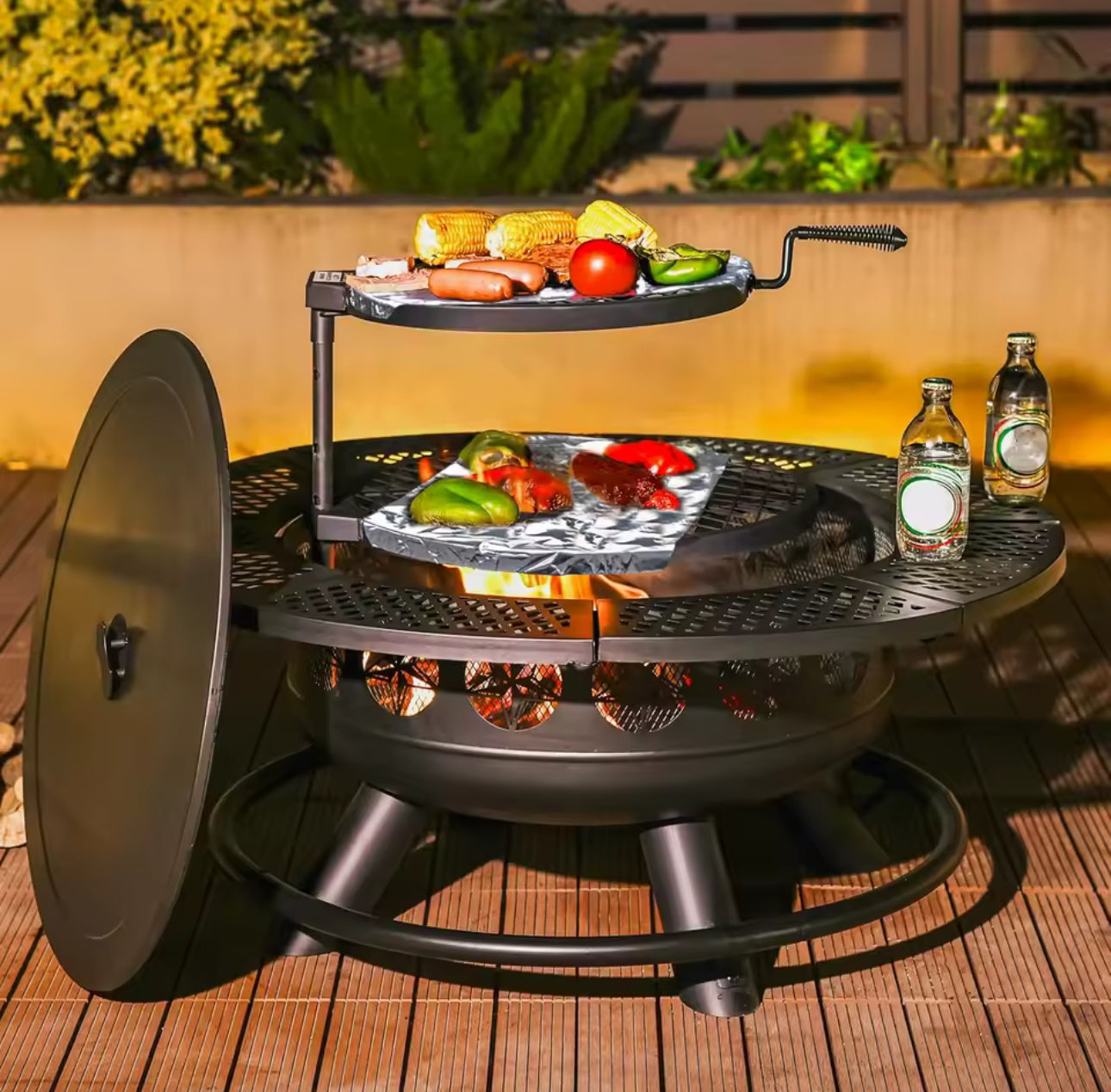 Verdeluxe 36-Inch 3-in-1 Outdoor Fire Pit with 2 Cooking Grills & Lid – Wood Burning Backyard Fireplace & BBQ Table