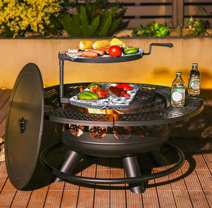 Verdeluxe 36-Inch 3-in-1 Outdoor Fire Pit with 2 Cooking Grills & Lid – Wood Burning Backyard Fireplace & BBQ Table