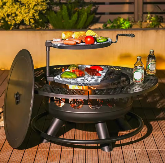 Verdeluxe 36-Inch 3-in-1 Outdoor Fire Pit with 2 Cooking Grills & Lid – Wood Burning Backyard Fireplace & BBQ Table