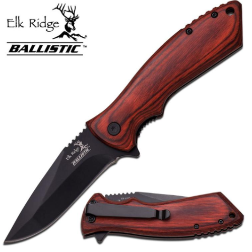 Elk Ridge Ballistic Spring Assist hunting Knife - Brown Pakkawood Handle