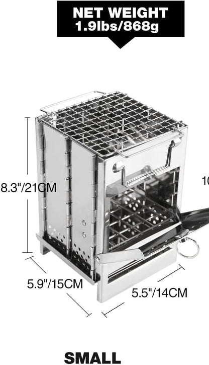 Wood Burning Folding Camp Stove Stainless Steel Grid, Portable Collapsible Backpacking Stove Survival Rocket Stove for Hiking Outdoor Tent Camping Picnic BBQ, Samll